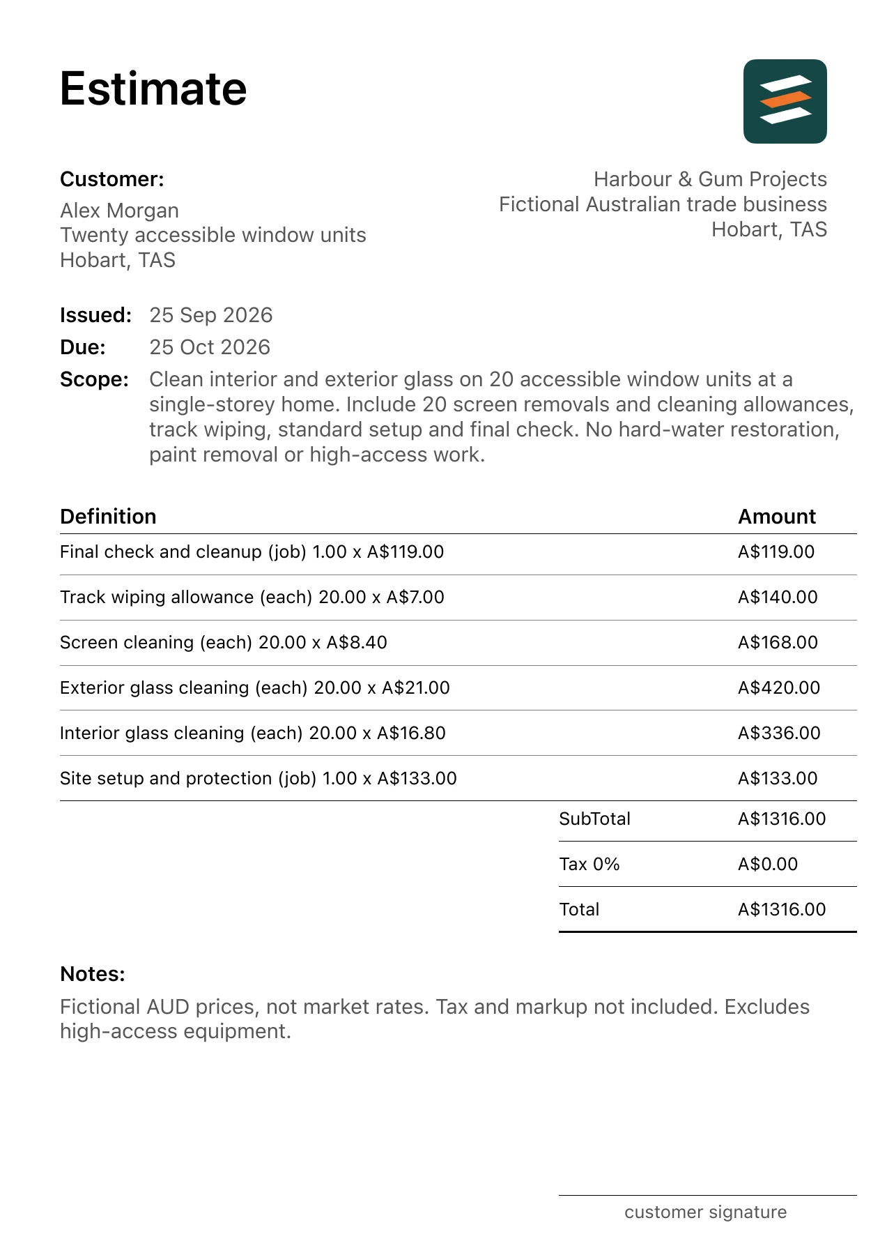 First page of the residential window cleaning estimate PDF