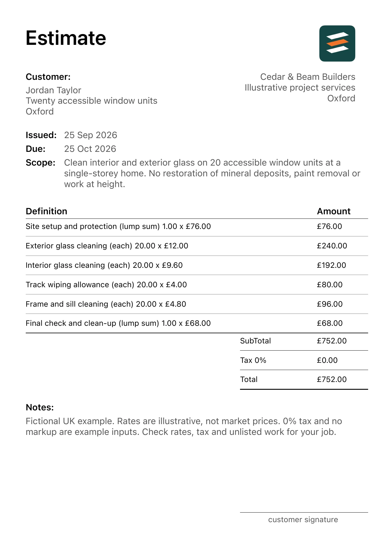 First page of the residential window cleaning estimate PDF for a fictional Oxford job