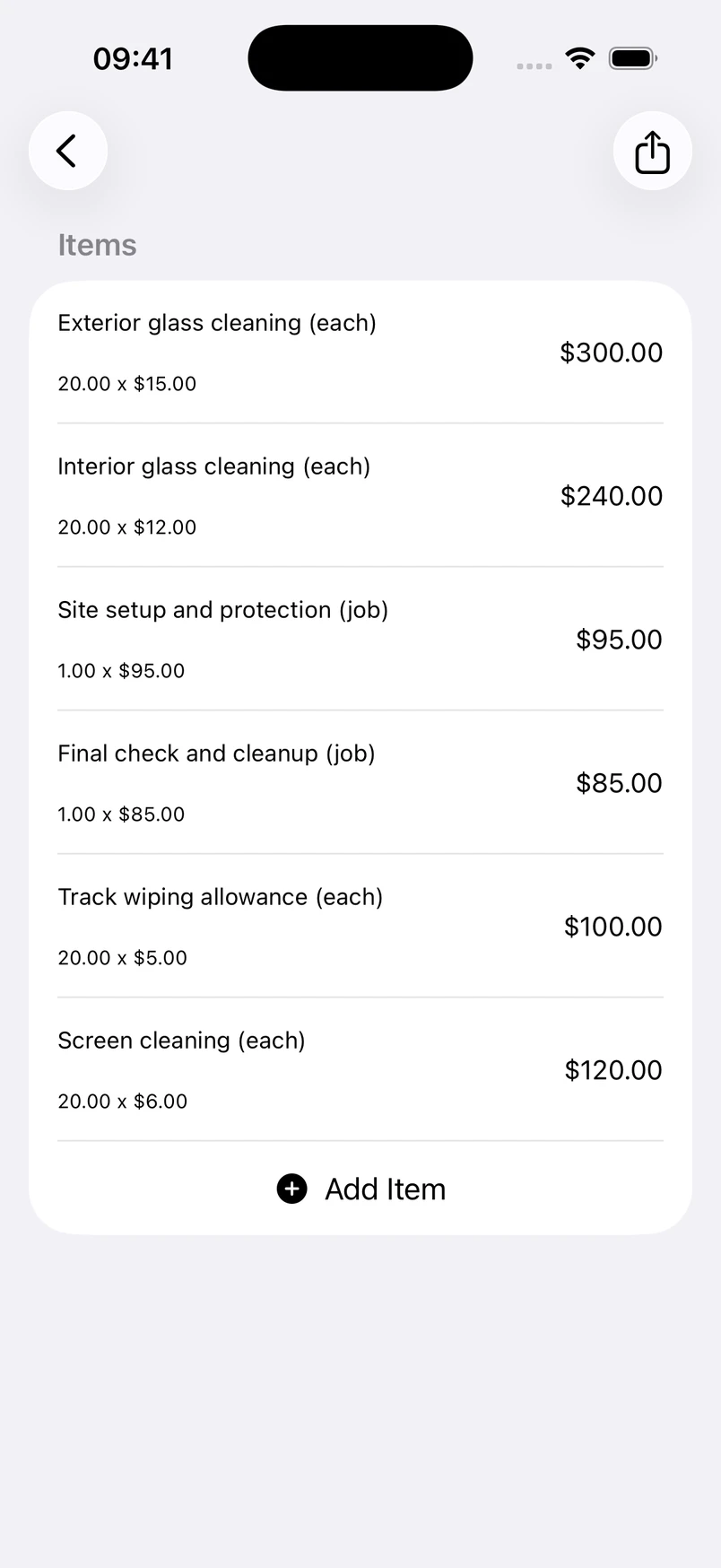 Residential window cleaning line items in the Estimates cost editor