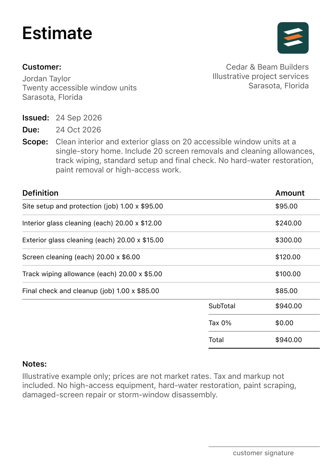 First page of the residential window cleaning estimate PDF