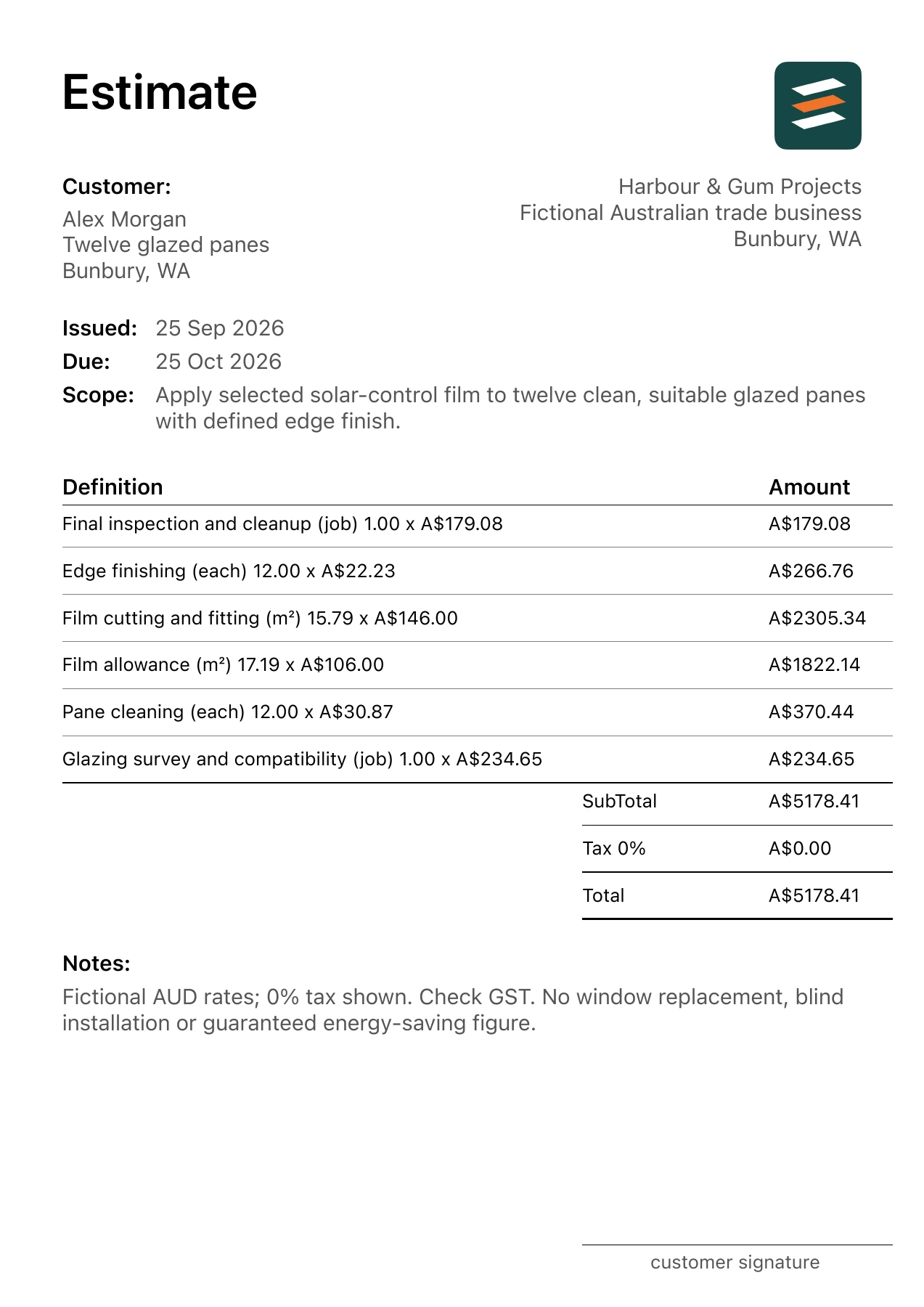 First page of the fictional Bunbury, Western Australia solar window film installation estimate PDF