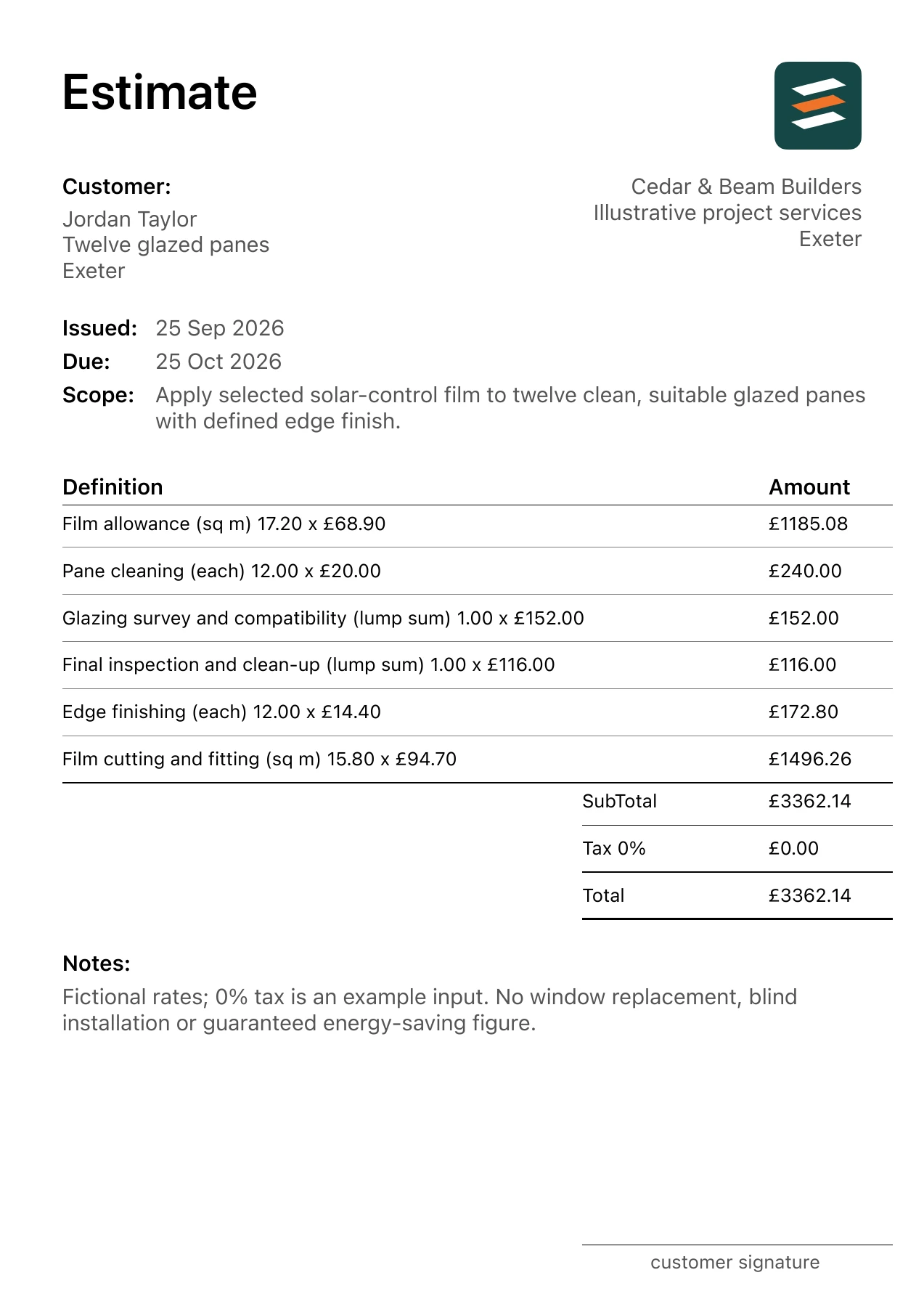 First page of the fictional solar window film installation estimate PDF