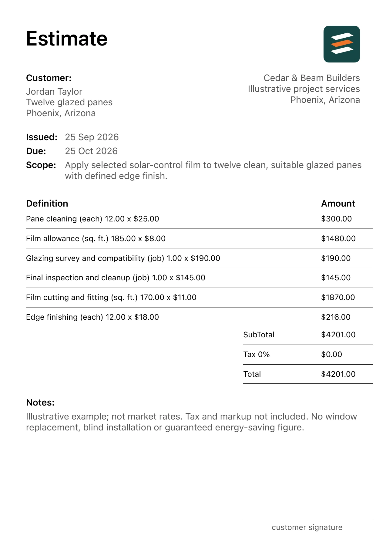 First page of the fictional solar window film installation estimate PDF