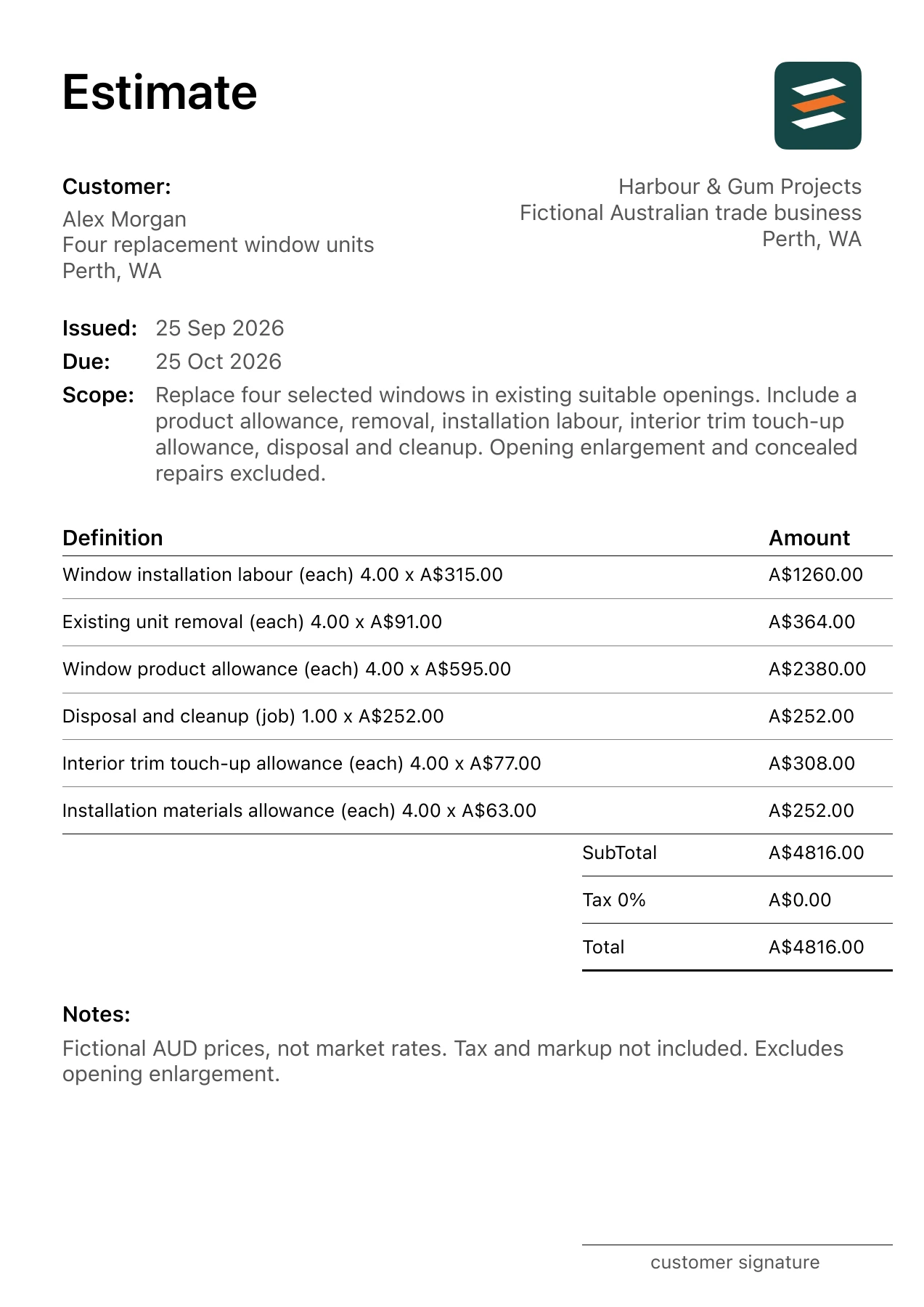 First page of the window replacement estimate PDF
