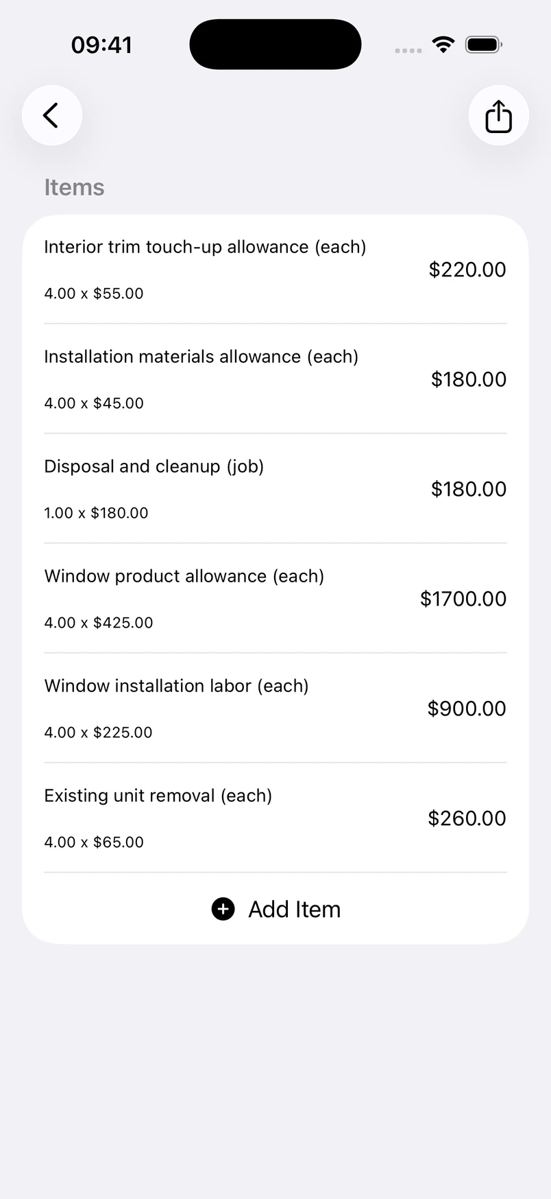 Window replacement line items in the Estimates cost editor