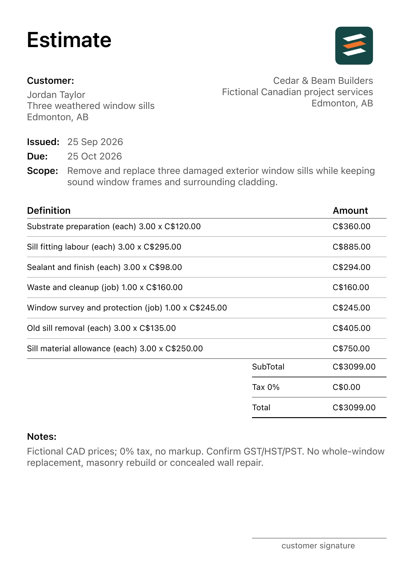 First page of the fictional Edmonton, Alberta exterior window sill replacement PDF estimate