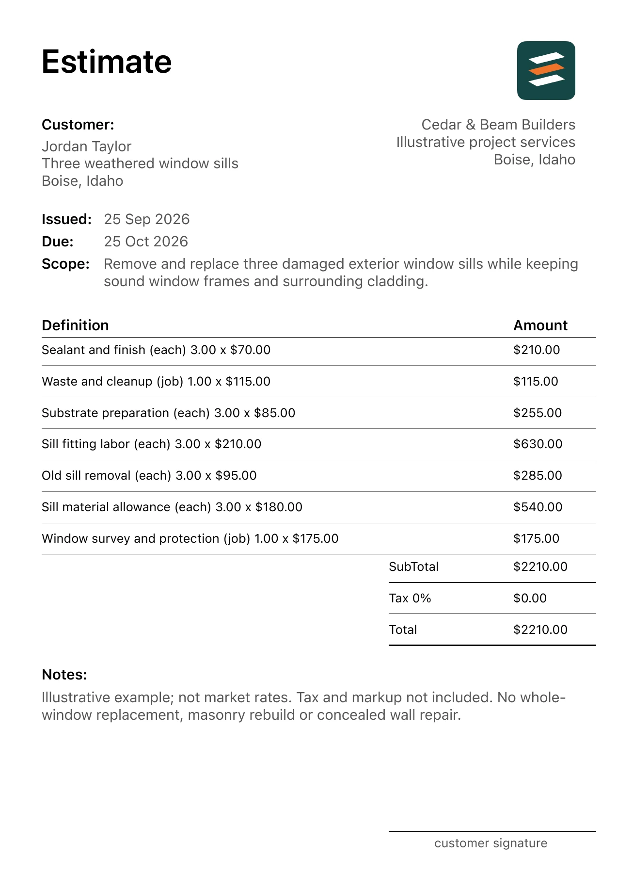 First page of the fictional exterior window sill replacement estimate PDF