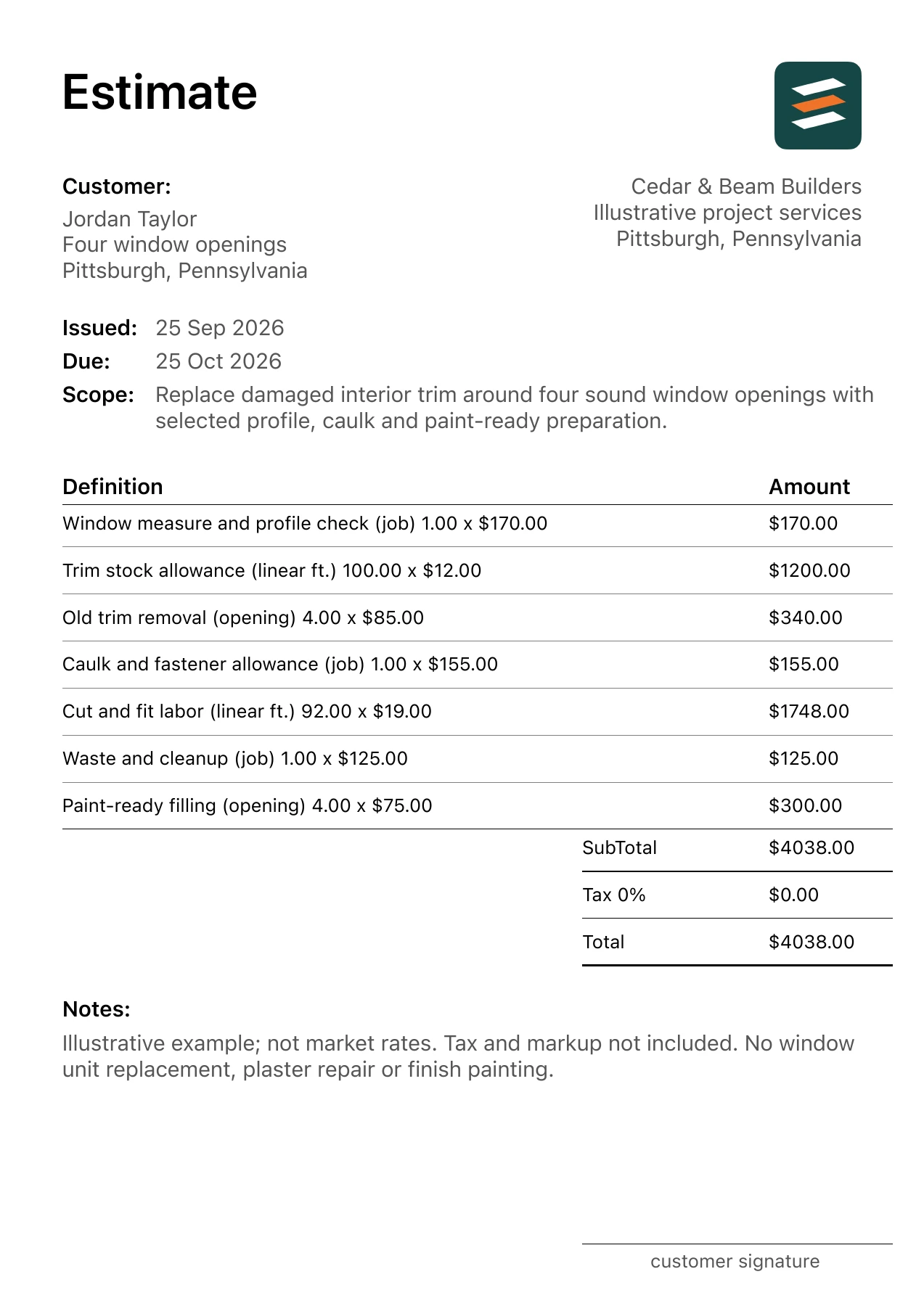 First page of the fictional interior window trim replacement estimate PDF